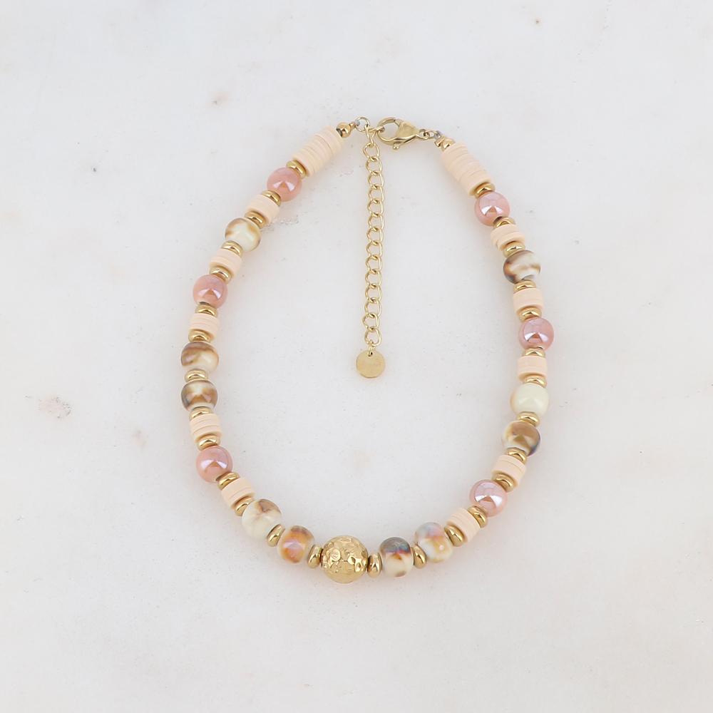 Chaîne de cheville avec perles en céramique, perles heishi beiges et boule dorée (21.5+5CM)