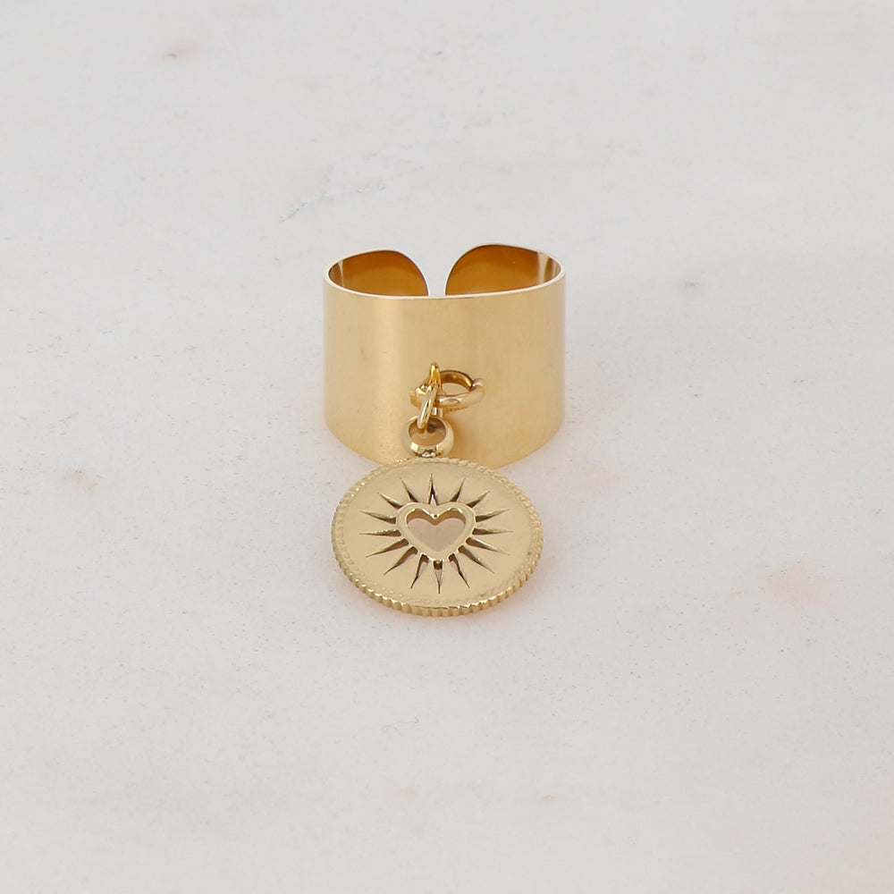 Bague ajustable lisse avec pampilles ronde à motif cœur