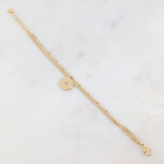 Bracelet deux rangs, pampille ronde, étoile et strass