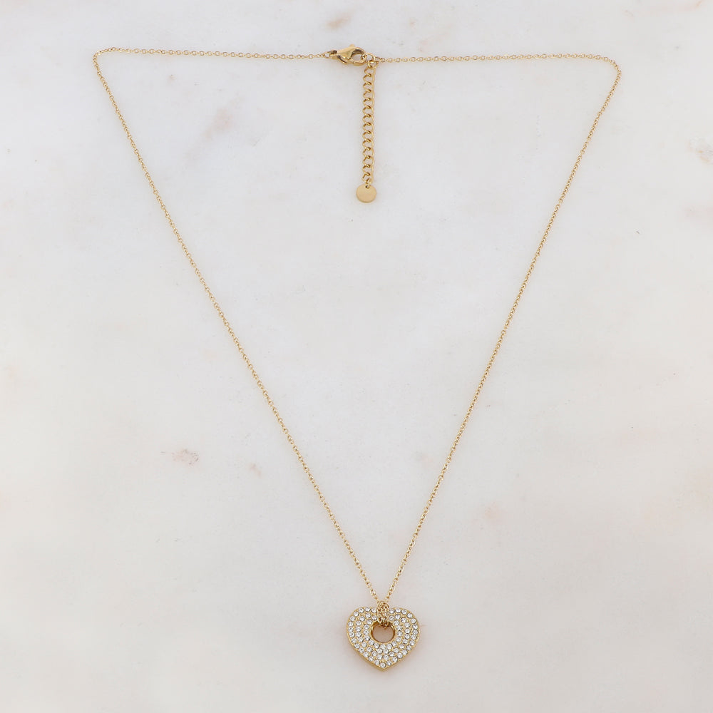 Collier doré avec pendentif en forme de coeur et cristal 47+5 cm