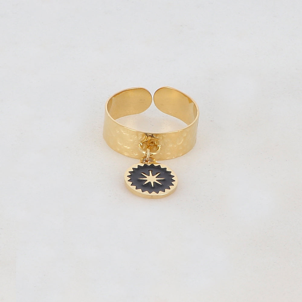 Bague pampille ronde, émail et étoile - Noir