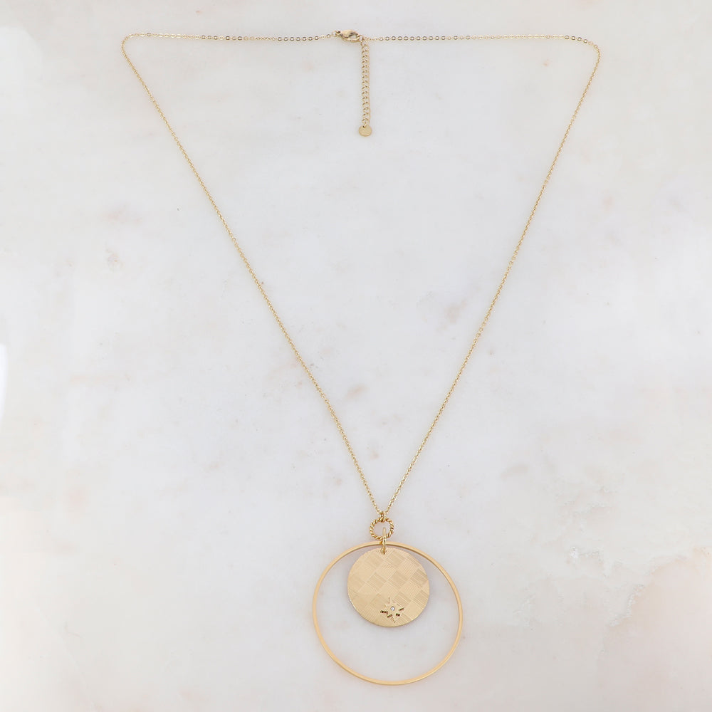 Sautoir avec anneau, pendentif rond, étoile et strass (65+5CM)