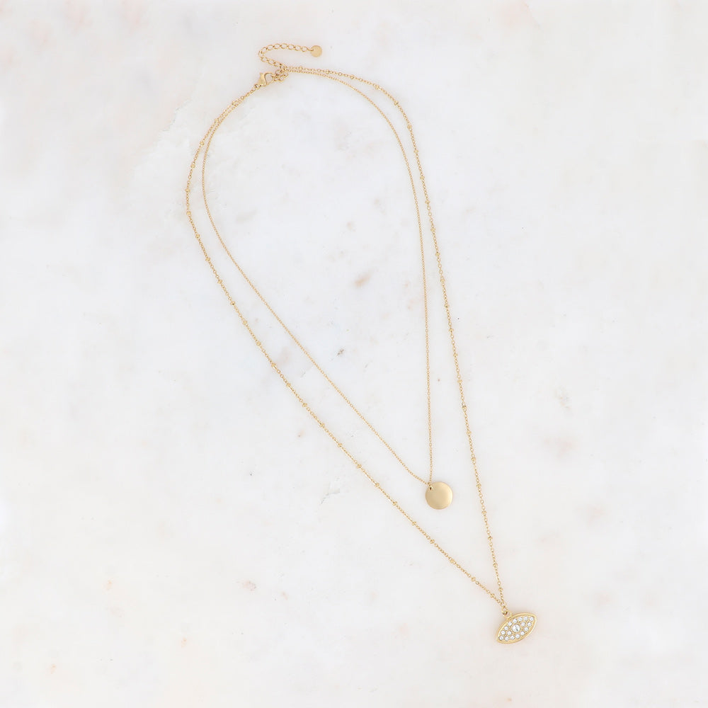 Collier 2 rangs - pastille ronde et œil avec oxydes de zirconium 44/57+5 cm