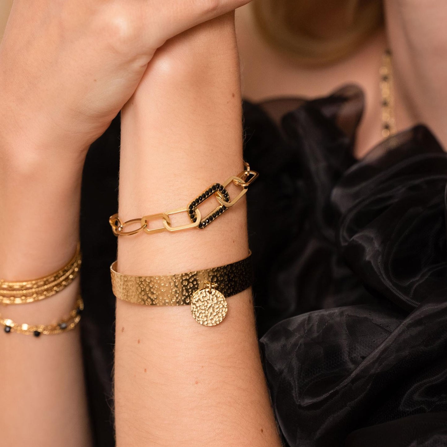 Bracelet maille multi-ovale, multi-rectangle avec pièce rectangulaire et strass