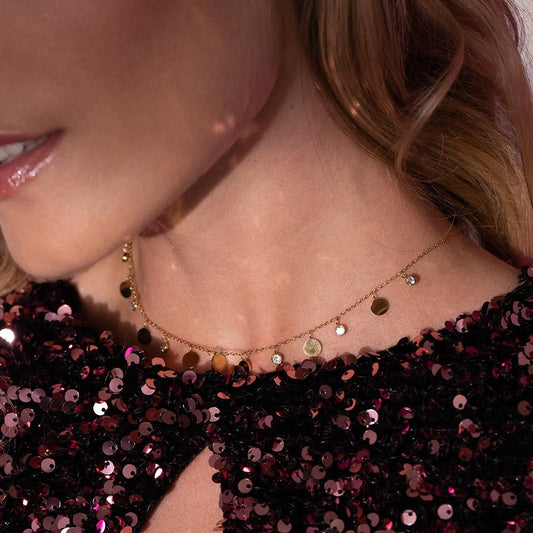 Collier doré avec pampilles rondes et strass blancs 40+5 cm