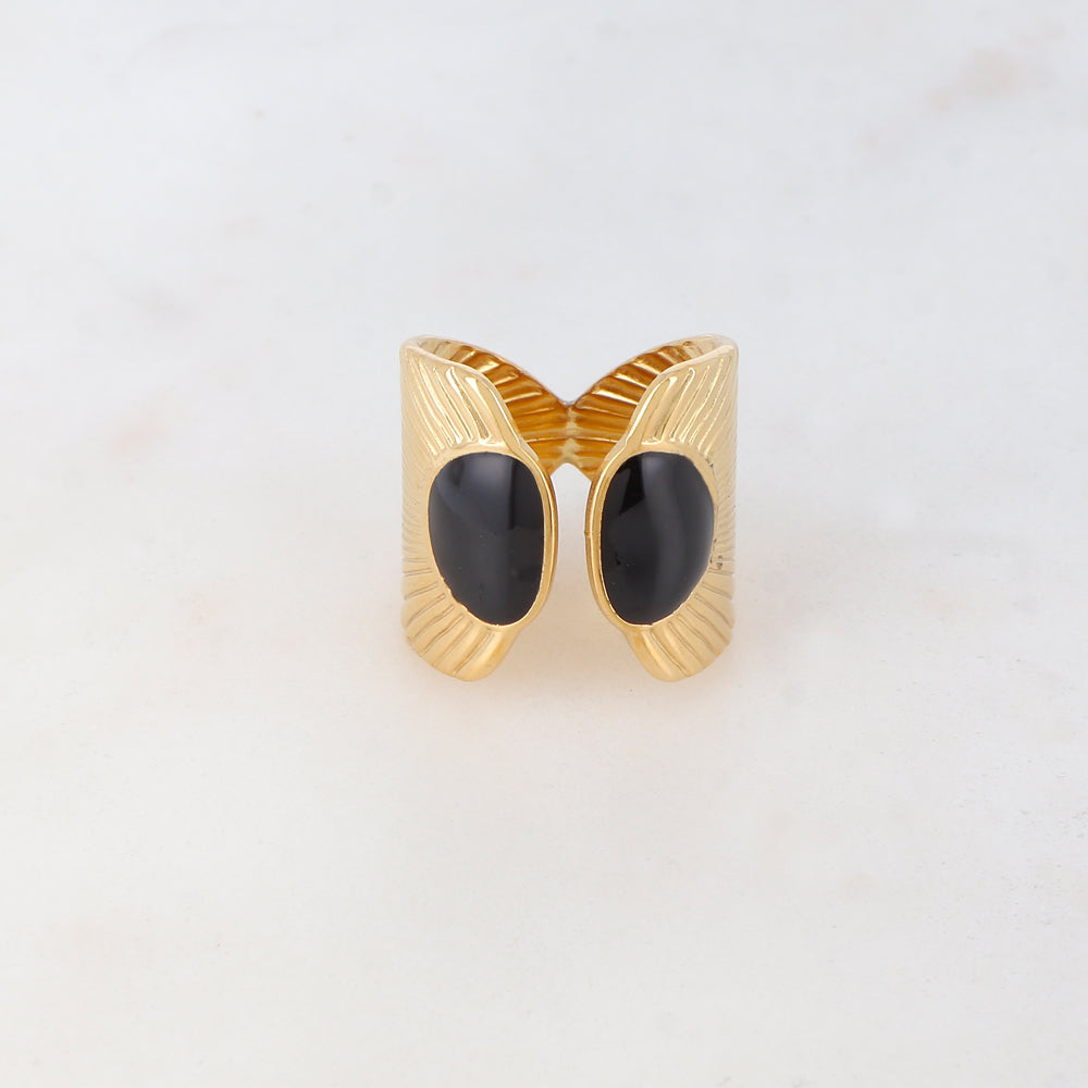 Bague avec pièce graphique à rayure et géométrique, émail - Noir