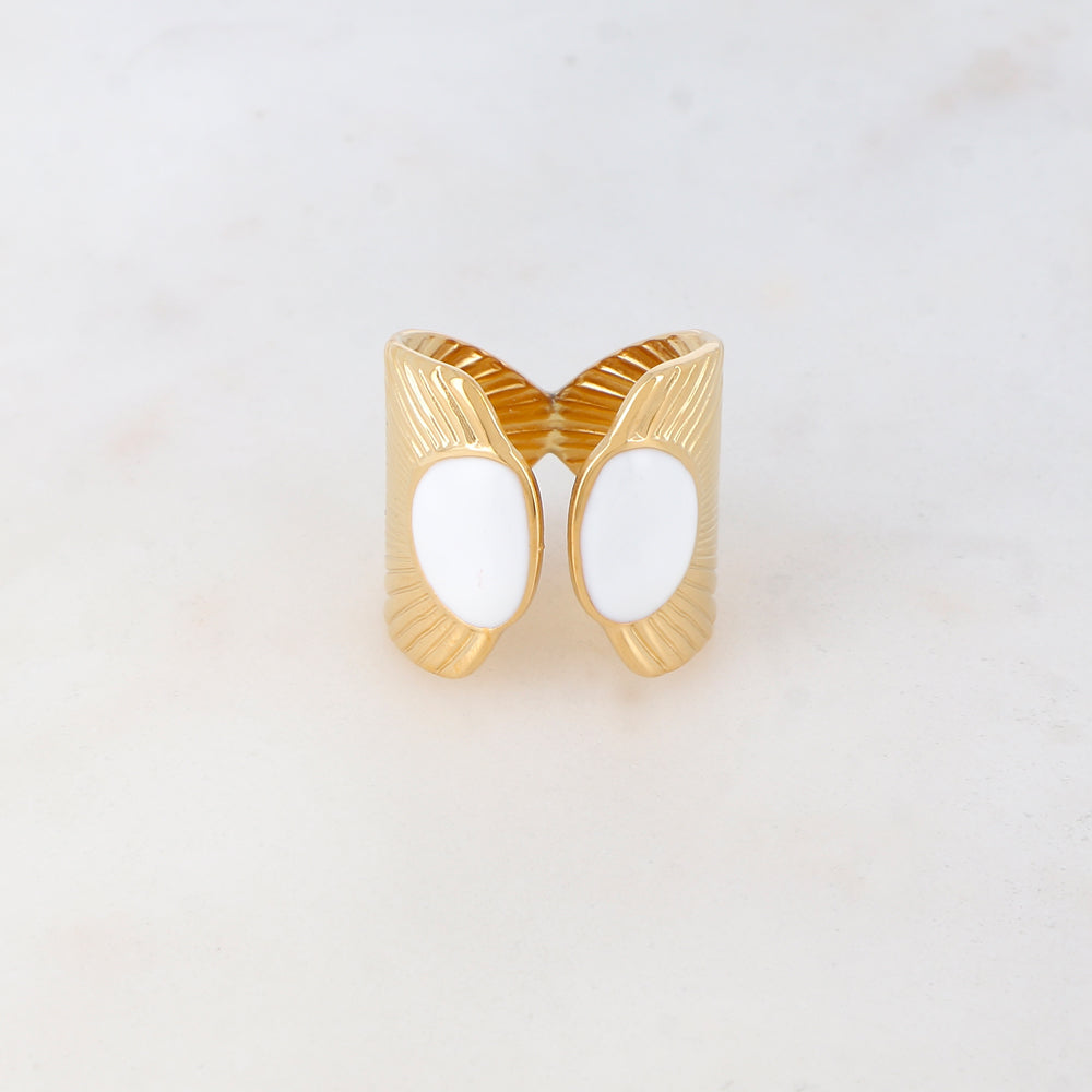 Bague avec pièce graphique à rayure et géométrique, émail - Blanc