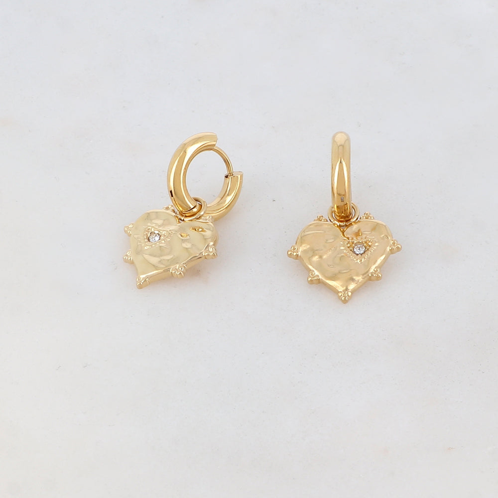 Créoles avec pendant cœur, motif cœur, 1 strass 1,4 x 2,7 cm.