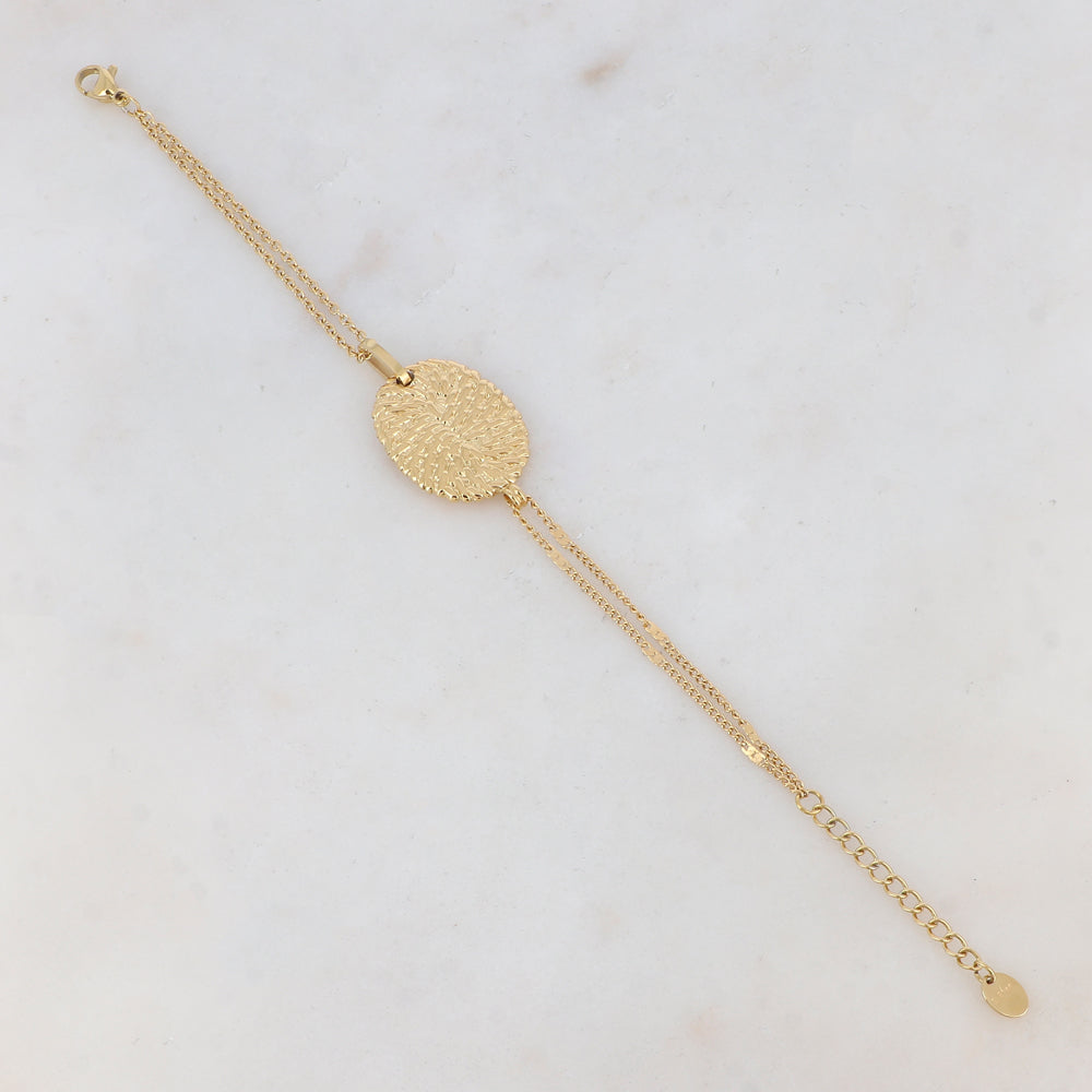Bracelet 2 rangs avec anneau, pièce ovale, motif graphique