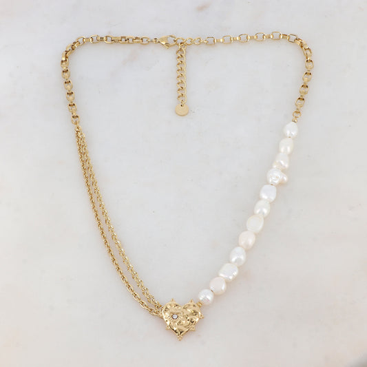 Collier maille Jaseron et chaîne 2 rangs doré avec perles d'eau douce, pendentif cœur, motif cœur et strass blanc 42+5 cm