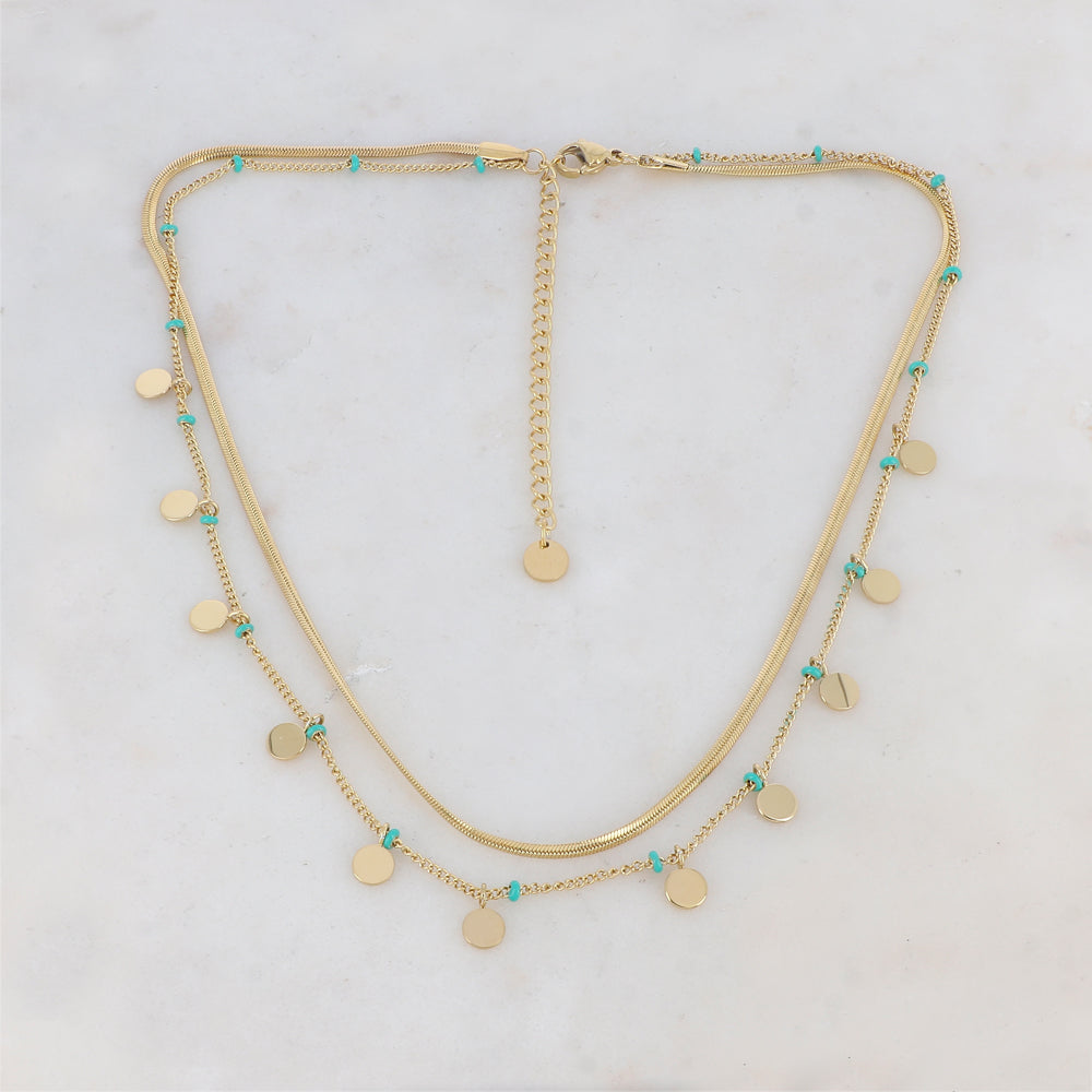 Collier 2 rangs doré avec maille miroir composé de pampilles rondes lisse et de petites rondelles émaillées turquoises 38/40+5 cm