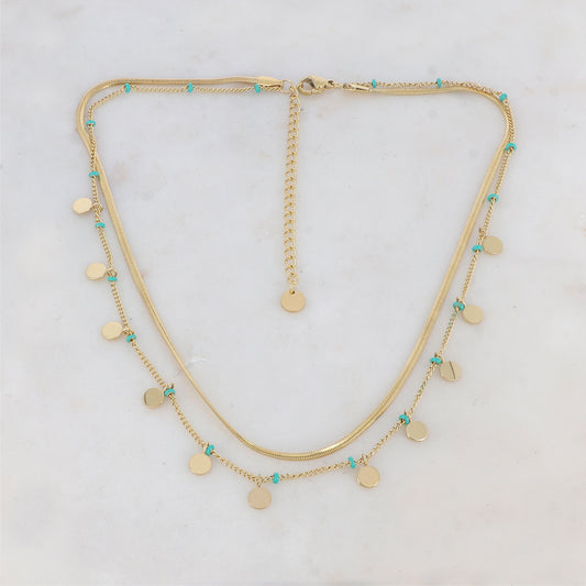 Collier 2 rangs doré avec maille miroir composé de pampilles rondes lisse et de petites rondelles émaillées turquoises 38/40+5 cm