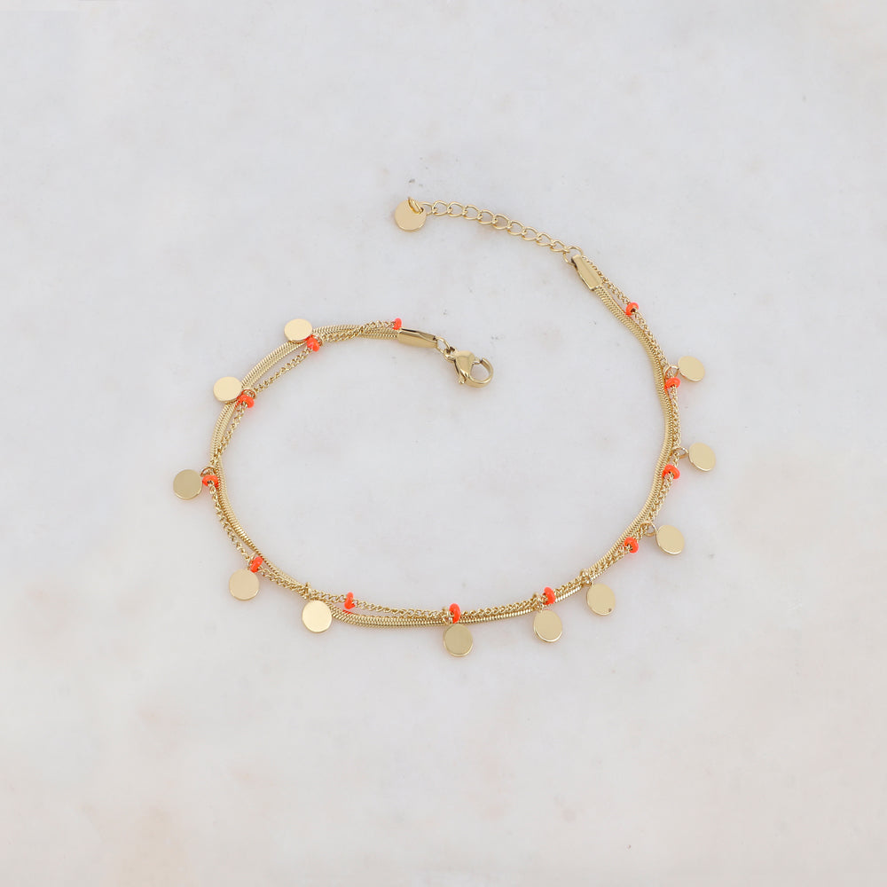 Chaîne de cheville avec maille miroir, pampilles rondes, petites rondelles émaillées (22+3CM)