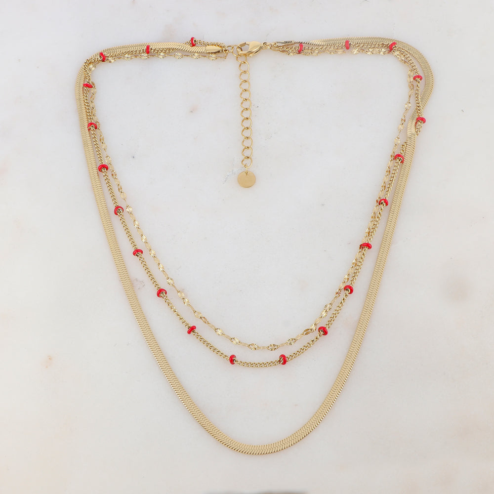 Collier 3 rangs doré avec une maille miroir embelli de pièces émaillées rouges 38/40/43+5 cm