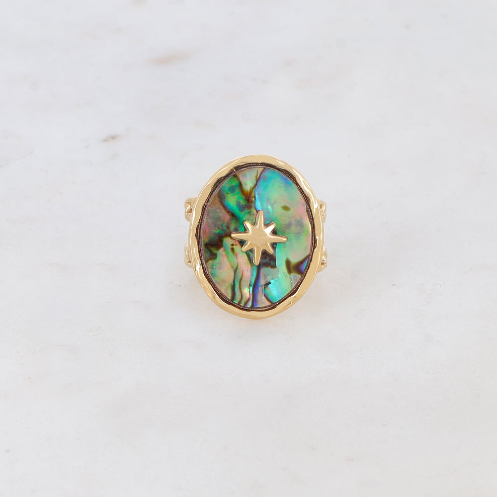 Bague 2 rangs en maille plate, nacre, étoile gravée