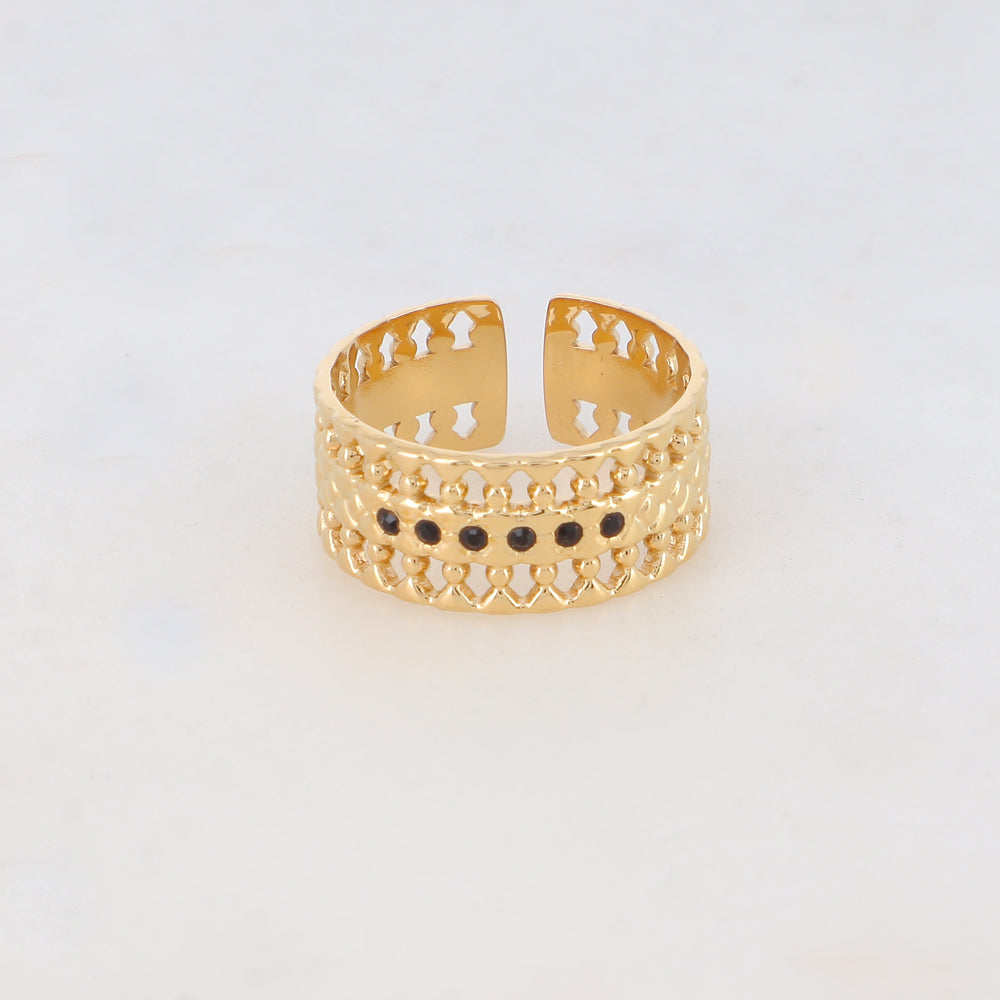 Bague en forme graphique et géométrique avec 6 strass - Noir