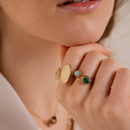 Bague fine ovale avec pierre reconstituée - Malachite