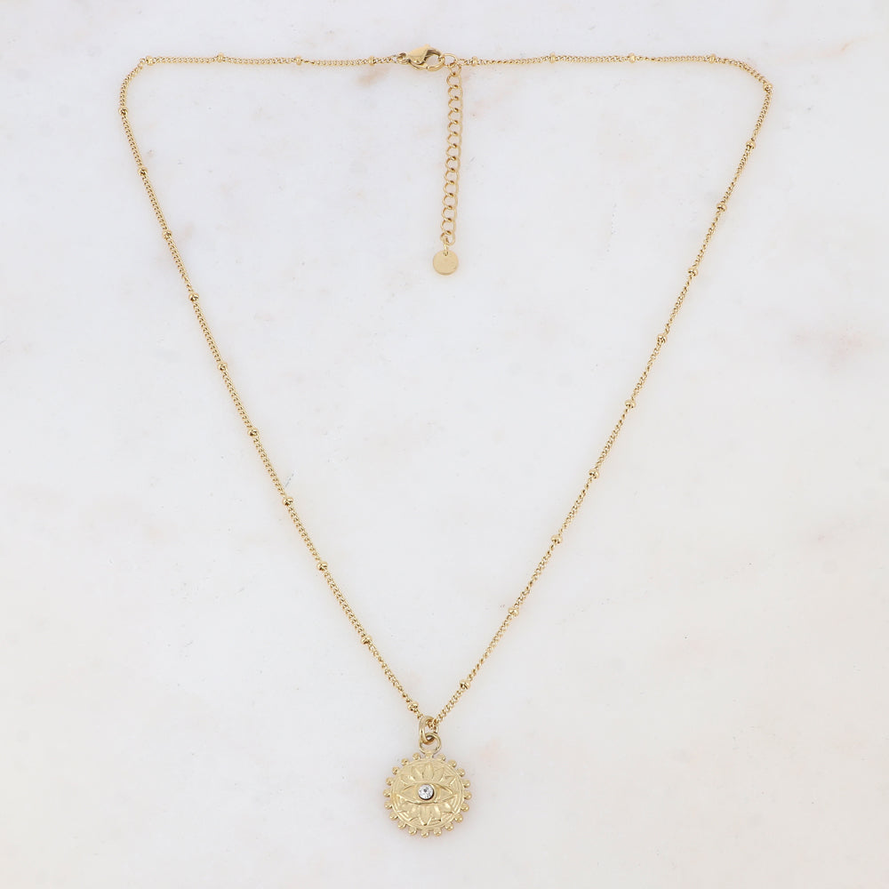 Collier doré avec un pendentif rond motif œil, strass blanc 45+5 cm