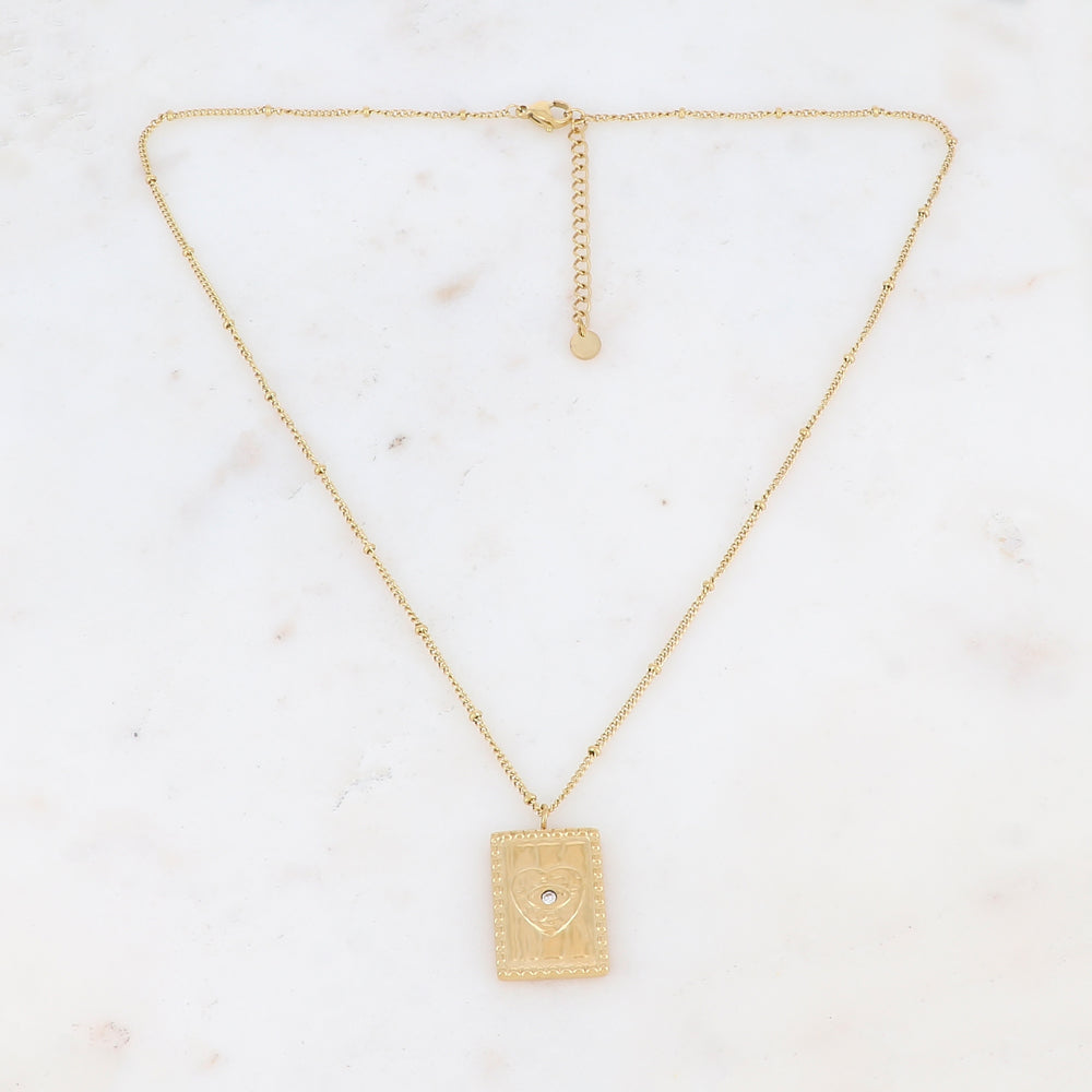 Collier doré avec une pampille rectangulaire ornée d'un cœur et d'un strass blanc 45+5 cm