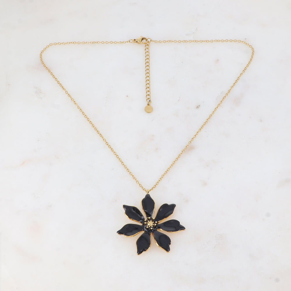 Collier doré avec une fleur émaillée noire 40+5 cm