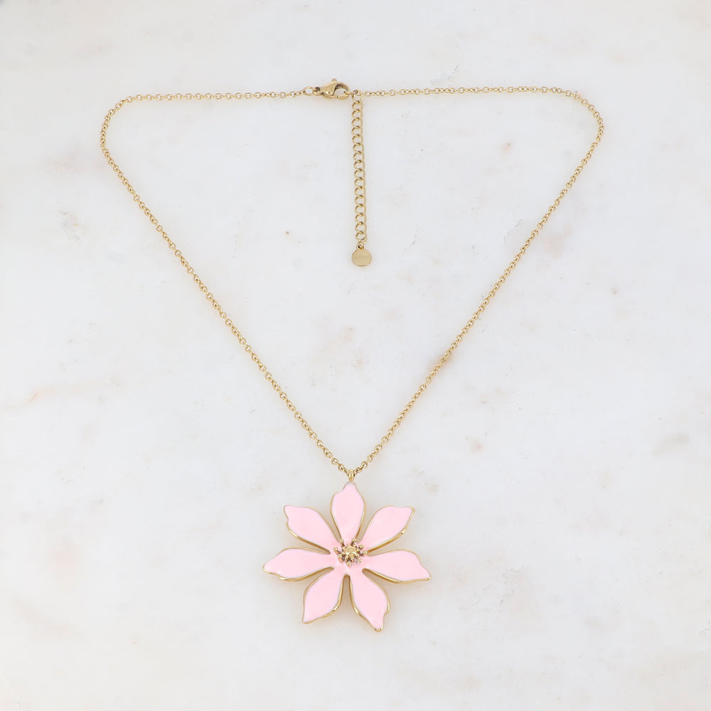 Collier doré avec une fleur émaillée rose 40+5 cm