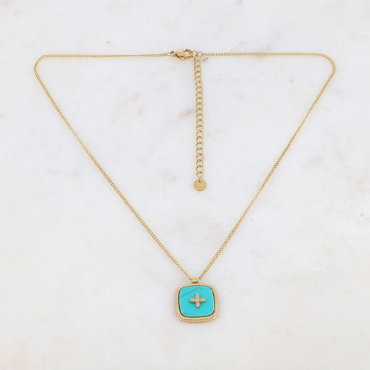 Collier doré avec une pampille carrée en pierre howlite turquoise avec motif doré 39+7 cm