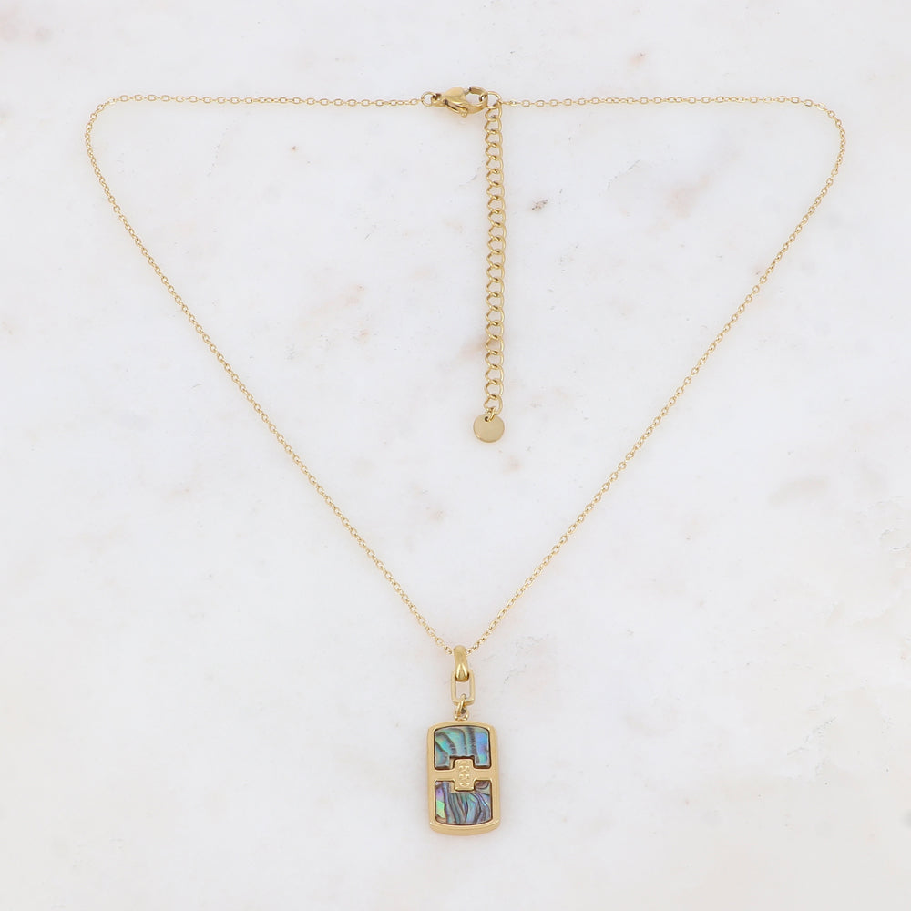 Collier avec une pampille rectangulaire ornée d'une feuille de nacre abalone 39+7 cm