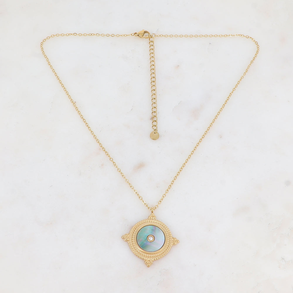 Collier avec une pampille ronde ornée d'une feuille de nacre naturelle grise et d'un strass 39+7 cm