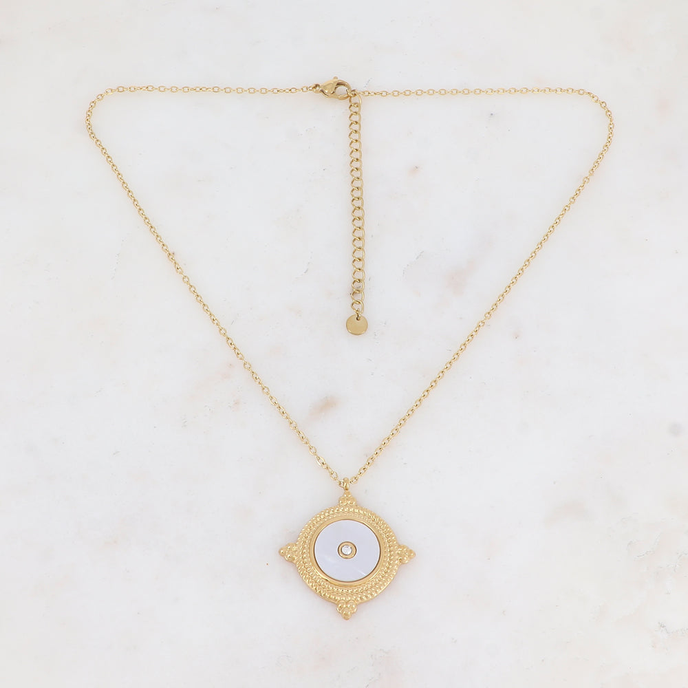 Collier avec une pampille ronde ornée d'une feuille de nacre blanche et d'un strass 39+7 cm