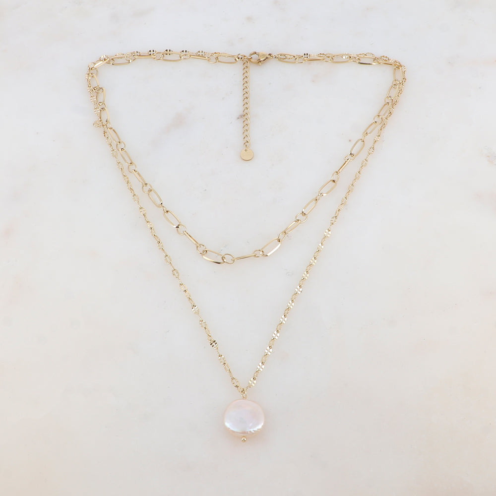 Collier 2 rangs en maille avec pendentif perle d'eau douce 39/45+5 cm