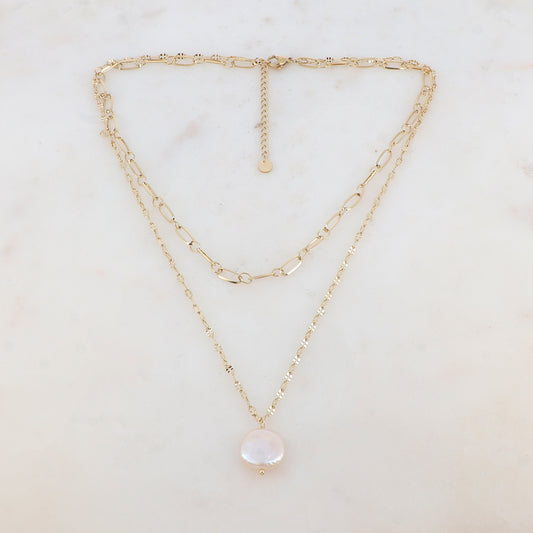 Collier 2 rangs en maille avec pendentif perle d'eau douce 39/45+5 cm