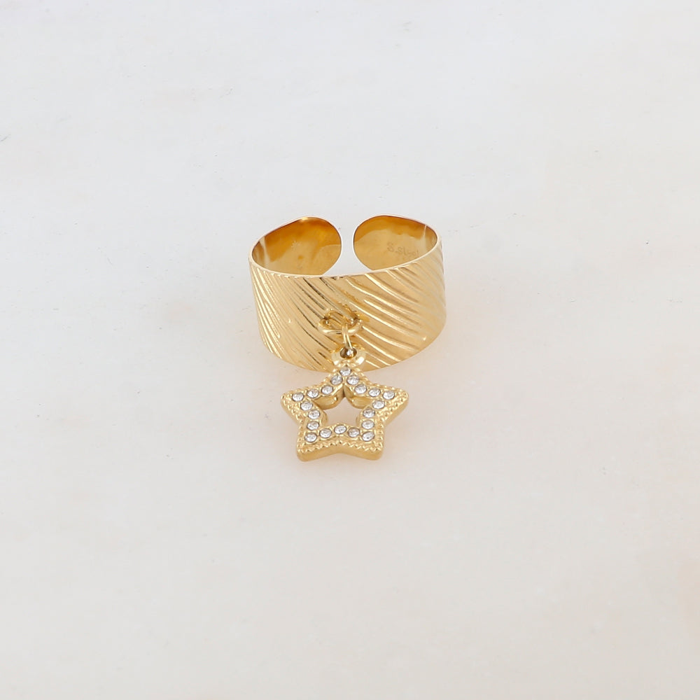 Bague effet rayé avec pampille étoile et strass - Blanc