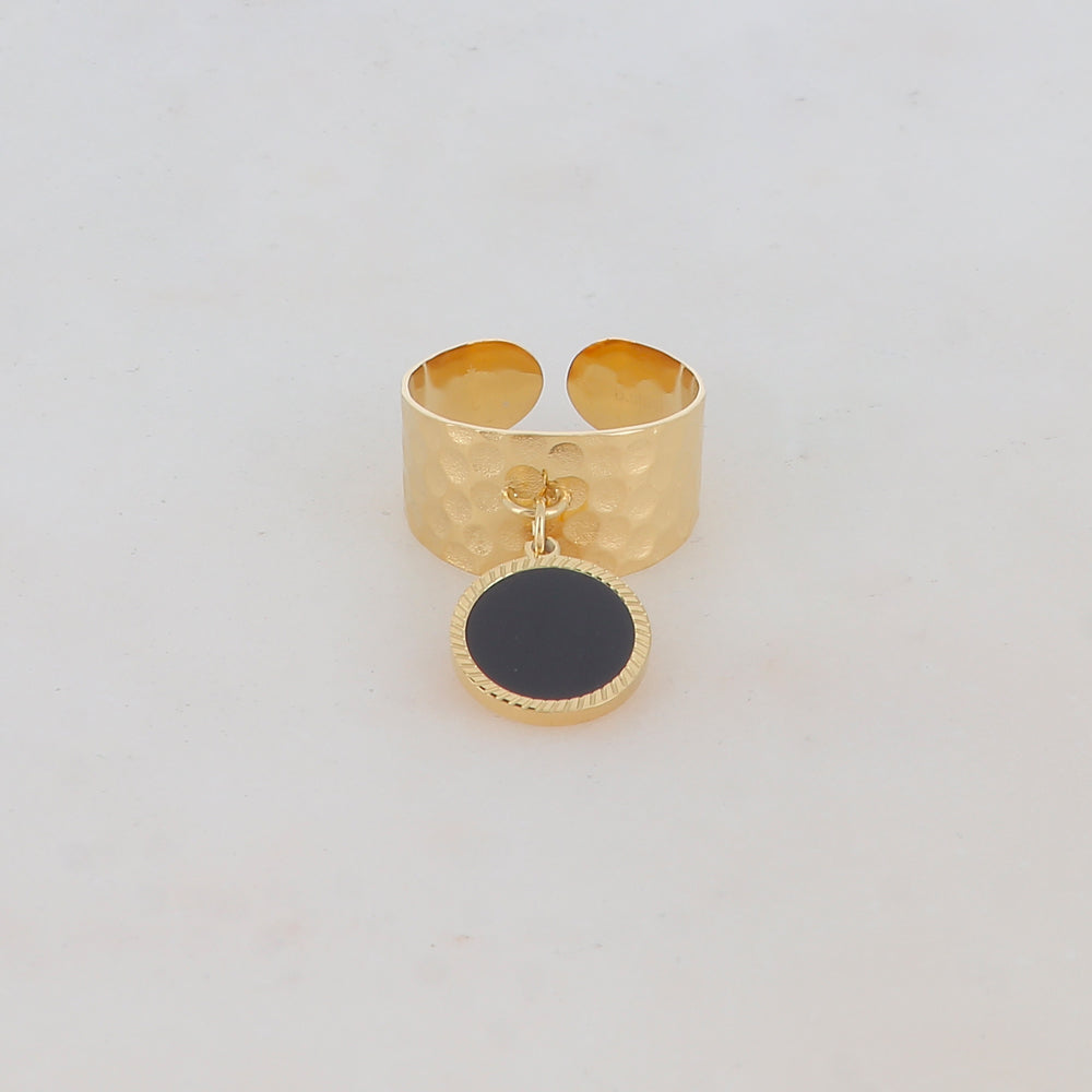 Bague martelée avec pampille ronde, pierre naturelle - Onyx