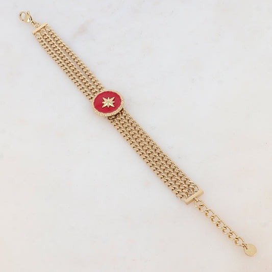Bracelet en maille trois rangs avec pièce ronde émaillée, étoile