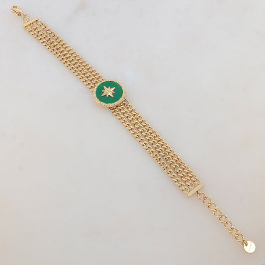 Bracelet en maille trois rangs avec pièce ronde émaillée, étoile
