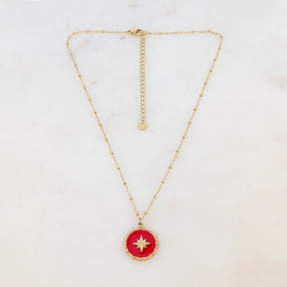 Collier avec pendentif rond émaillé rouge et étoile (38+7CM)
