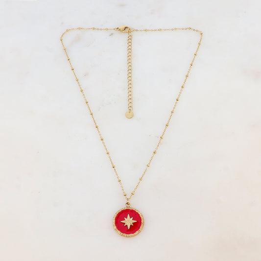 Collier avec pendentif rond émaillé rouge et étoile (38+7CM)