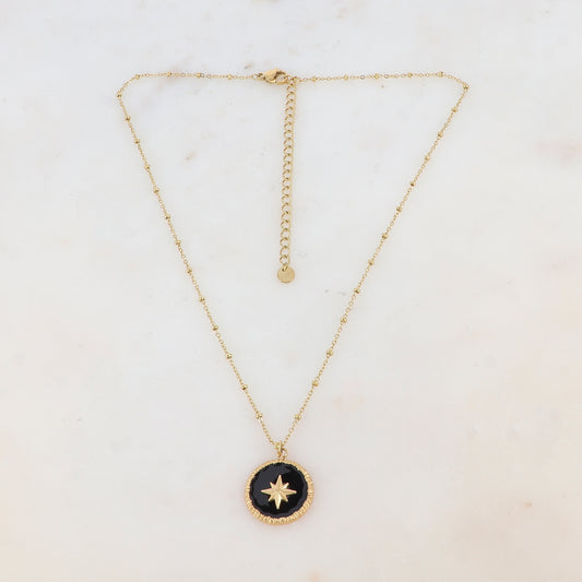 Collier avec pendentif rond émaillé noir et étoile (38+7CM)