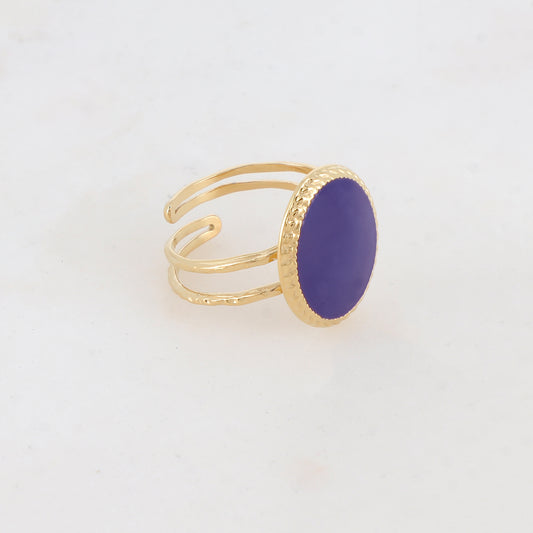 Bague avec pièce carrée arrondie émaillée - Bleu