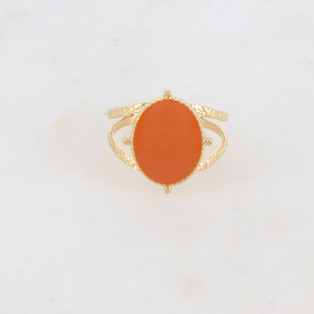 Bague 2 rangs avec pièce ovale émaillée - Orange
