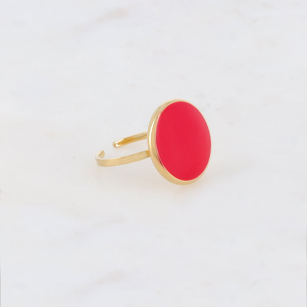 Bague fine lisse avec pièce ronde émaillée - Rouge