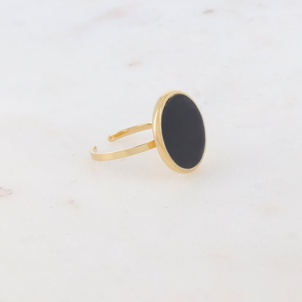 Bague fine lisse avec pièce ronde émaillée - Noir