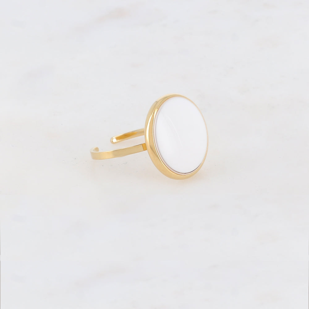Bague fine lisse avec pièce ronde émaillée - Blanc