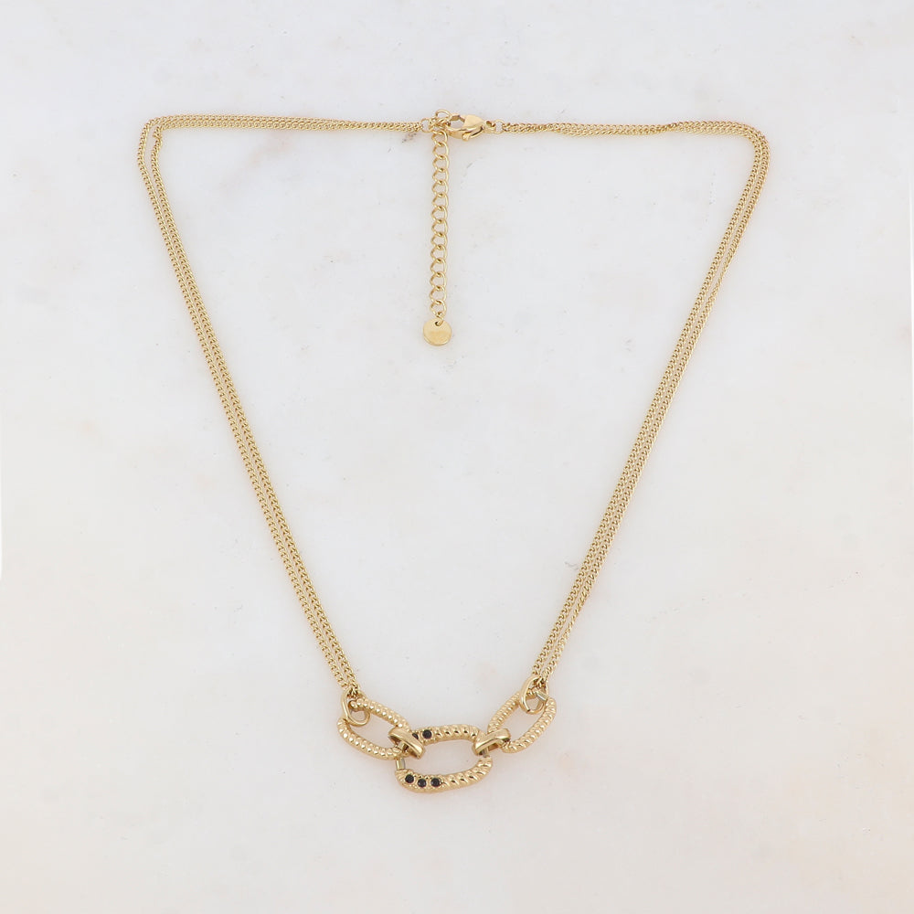Collier 2 rangs avec anneaux ovales et strass noirs (40+5CM)