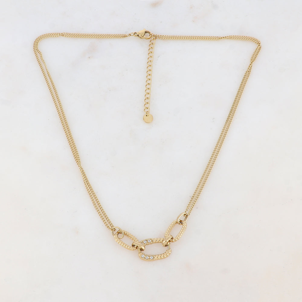 Collier 2 rangs avec anneaux ovales et strass blancs (40+5CM)