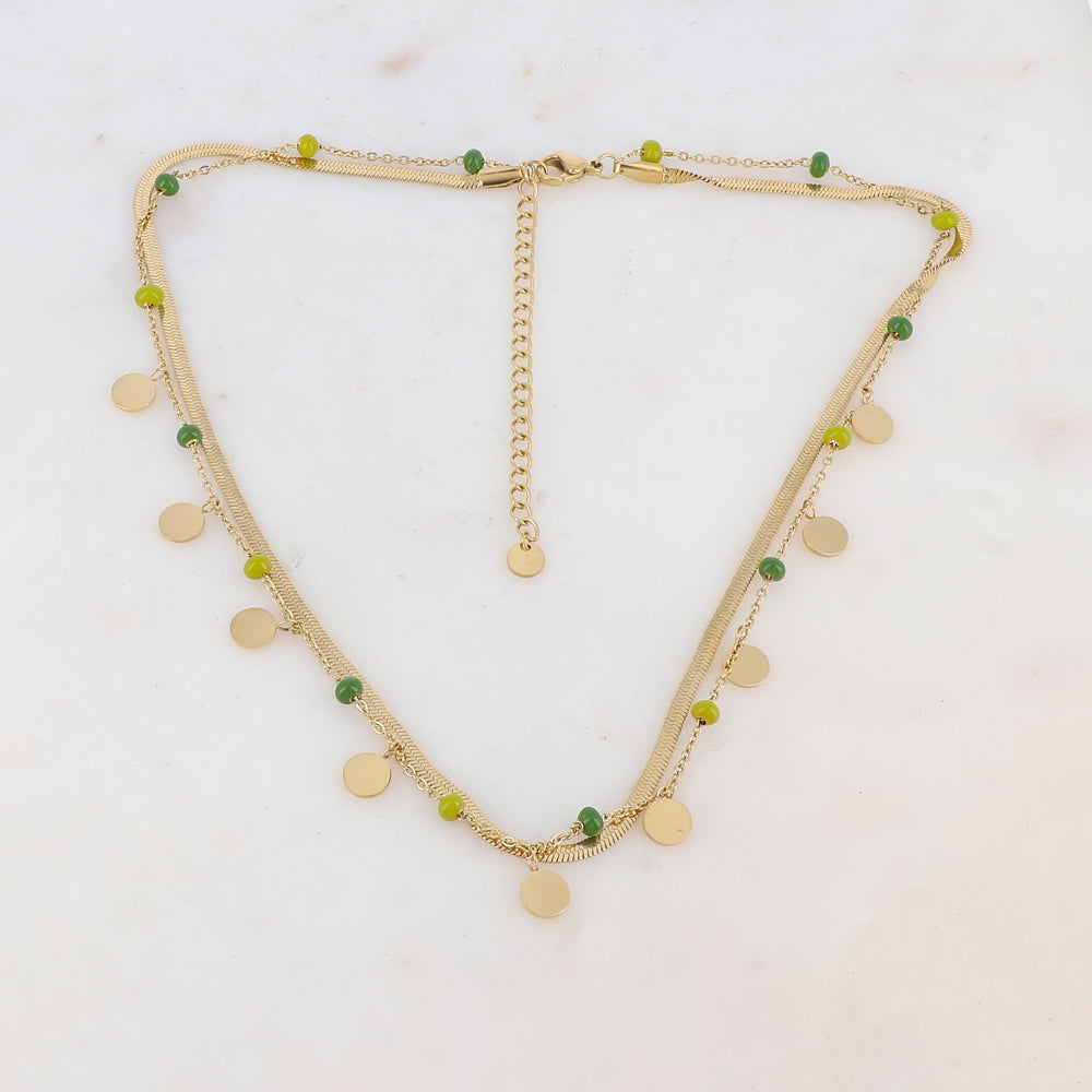 Collier 2 rangs avec maille miroir, pampilles rondes, perles émaillées (39/41+7CM)