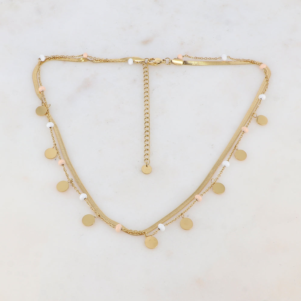 Collier 2 rangs avec maille miroir, pampilles rondes, perles émaillées (39/41+7CM)
