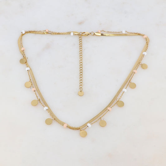 Collier 2 rangs avec maille miroir, pampilles rondes, perles émaillées (39/41+7CM)