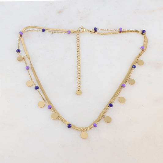 Collier 2 rangs avec maille miroir, pampilles rondes, perles émaillées (39/41+7CM)