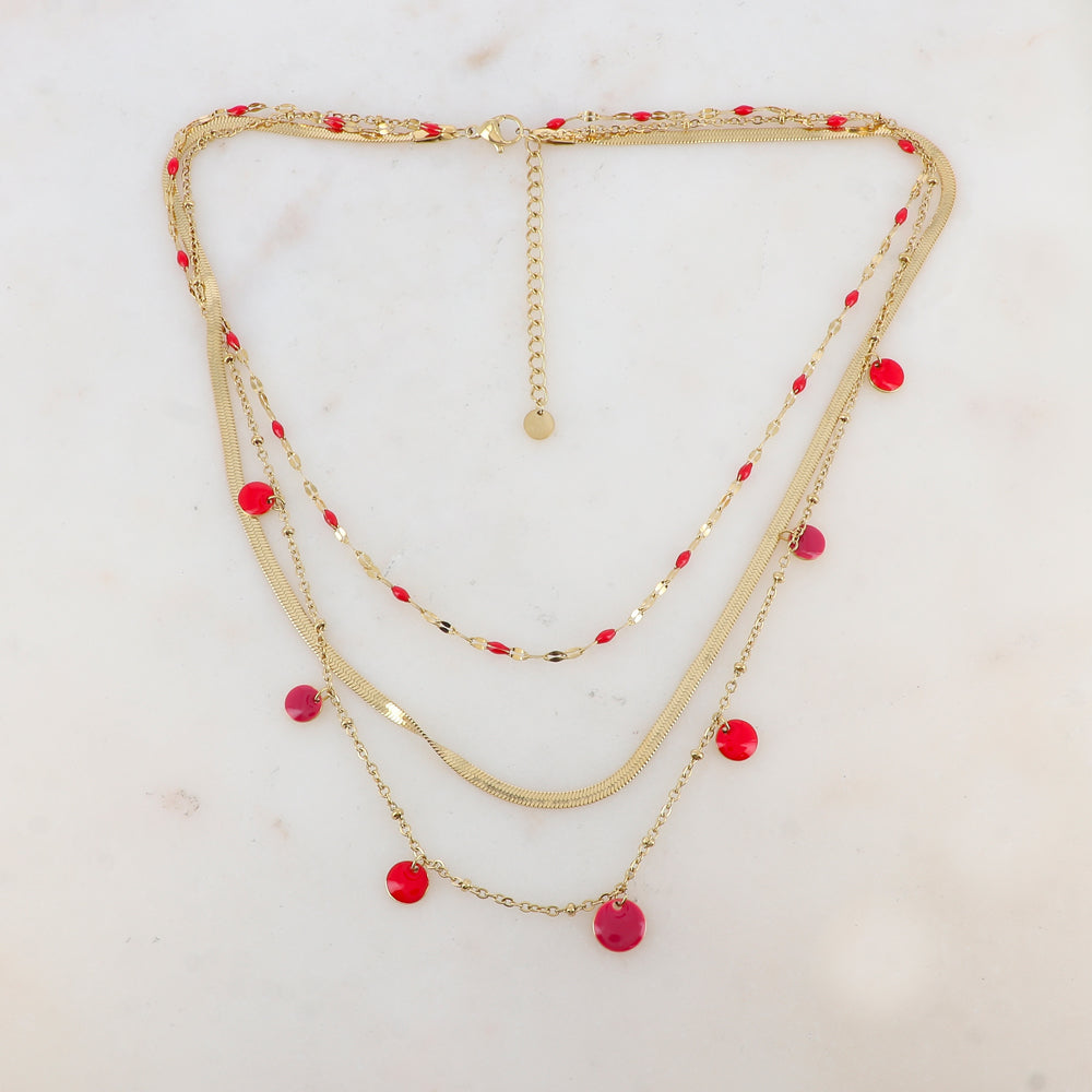 Collier 3 rangs avec maille, petites pièces émaillées, pampilles rondes émaillées 38/41/44+5 cm